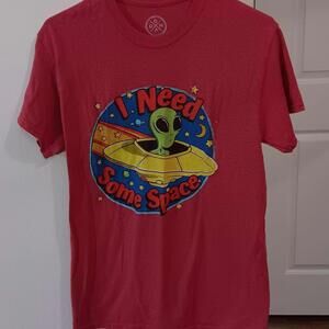 Red Graphic T-Shirt with Alien and UFO Design